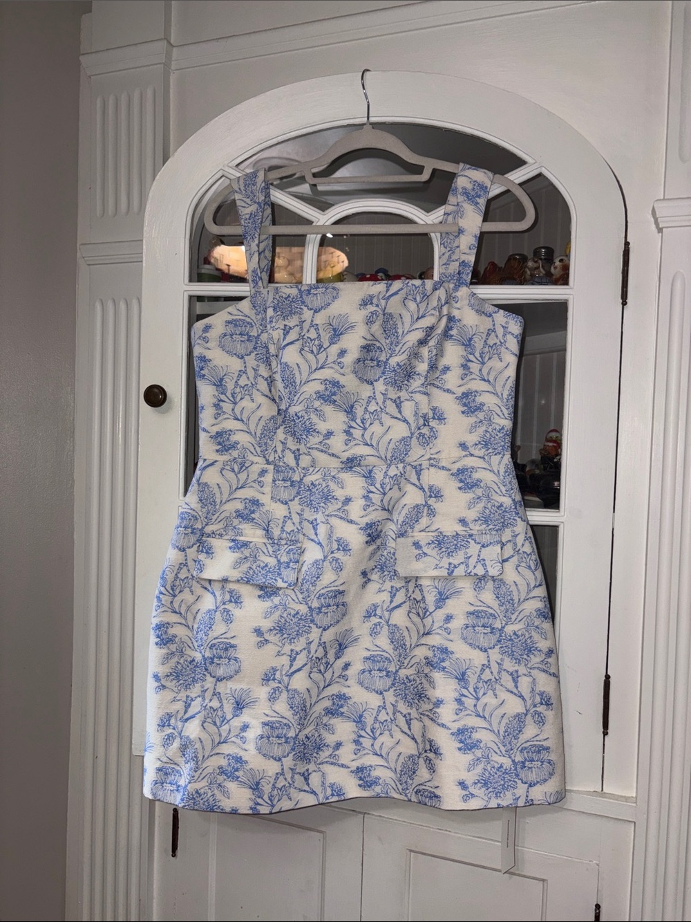 Commense White Dress with Blue Floral Print - Sleeveless Square Neck